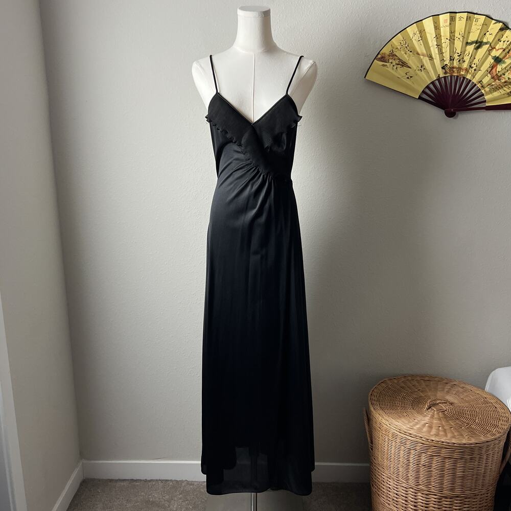 vintage val mode black minimalist ruffle slit nylon maxi slip dress nightgown